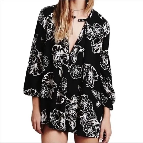 Free People | Black Floral Crepe Long Sleeve Snap To It Swing Tunic Dress, Small - Picture 2 of 10